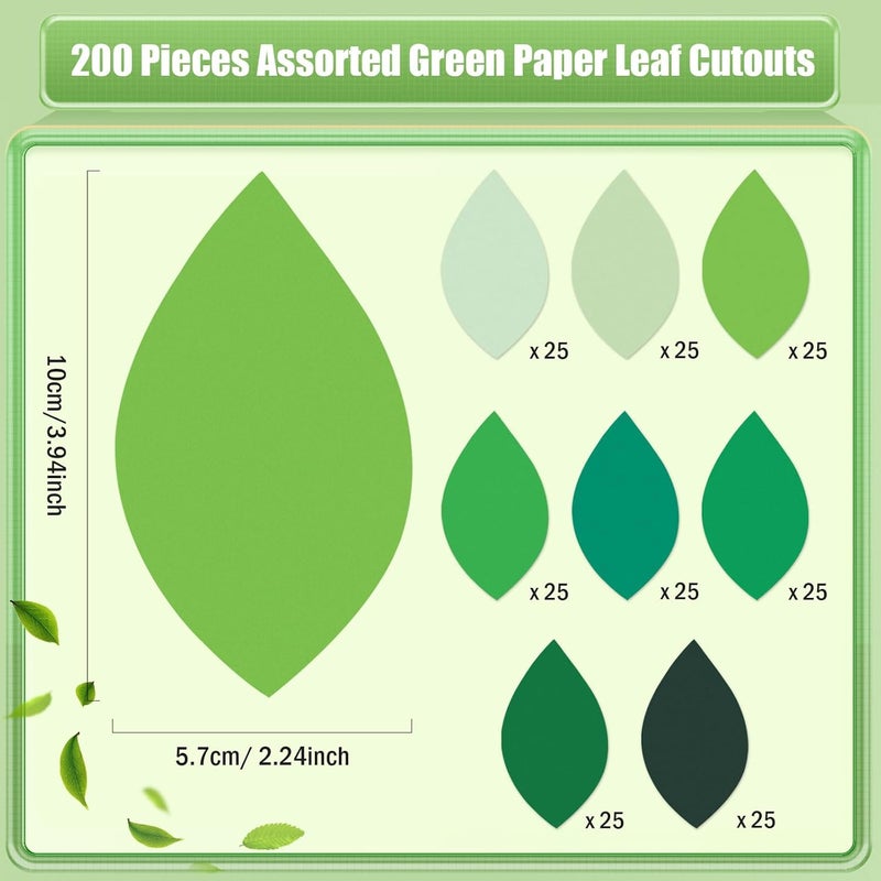 MixTeach 200 Pcs Paper Leaf Cutouts 4 Inch Paper Leaves Assorted Green Color Leaf Shape Die Cuts Summer Classroom Decor for Bulletin Board DIY Craft Project Party Wall Decoration - Image 2